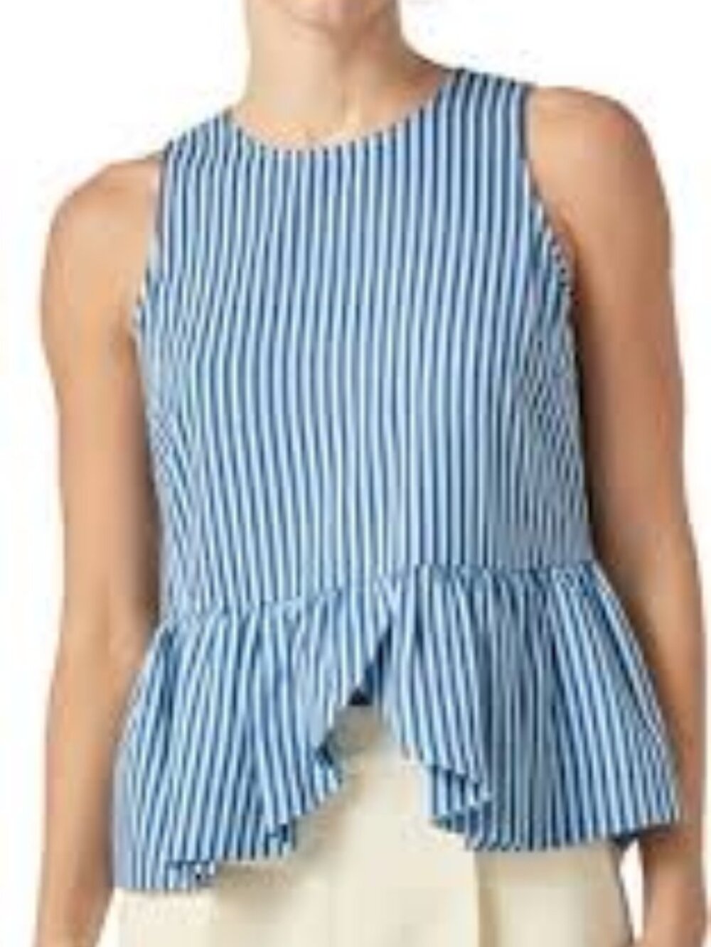 English Factory Striped Sleeveless Peplum Top Blue White Ruffle Tie Back Large